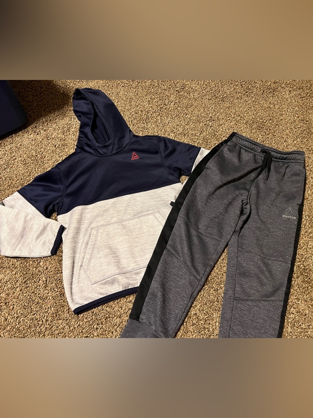 Reebok Navy and Light Gray Hoodie with Charcoal Joggers 6/7